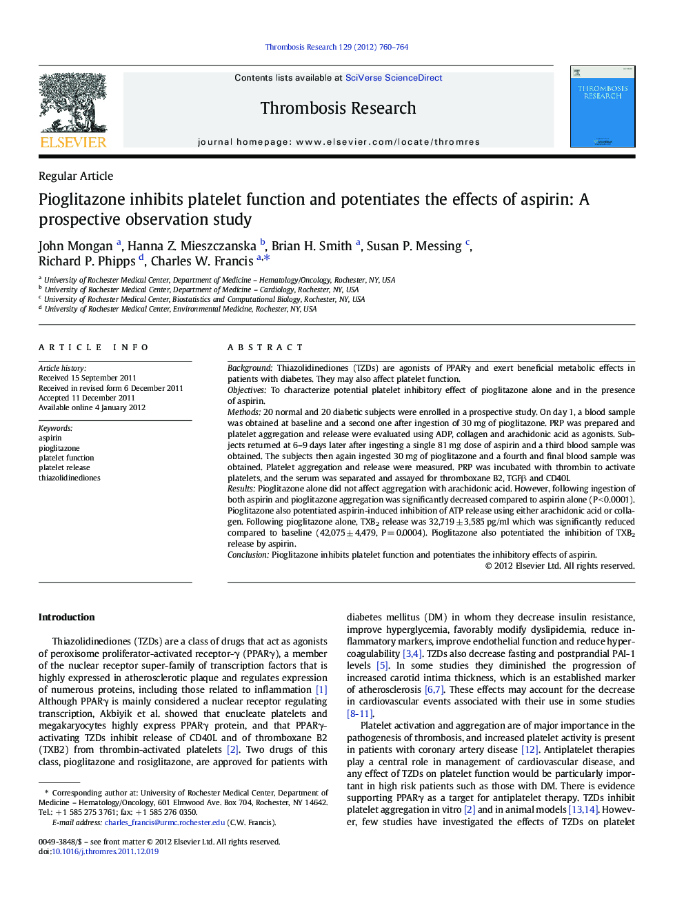 Pioglitazone inhibits platelet function and potentiates the effects of aspirin: A prospective observation study