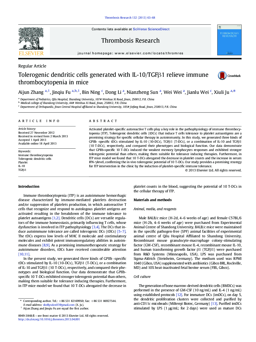 Tolerogenic dendritic cells generated with IL-10/TGFÎ²1 relieve immune thrombocytopenia in mice