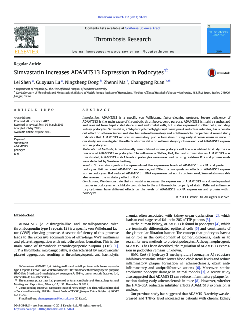 Simvastatin Increases ADAMTS13 Expression in Podocytes