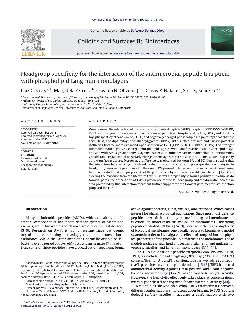 عکس صفحه اول مقاله: Headgroup specificity for the interaction of the antimicrobial peptide tritrpticin with phospholipid Langmuir monolayers Headgroup specificity for the interaction of the antimicrobial peptide tritrpticin with phospholipid Langmuir monolayers