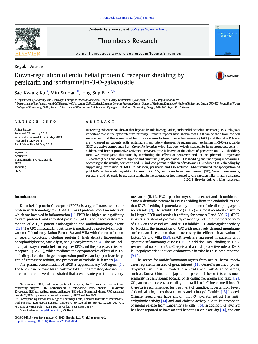 Down-regulation of endothelial protein C receptor shedding by persicarin and isorhamnetin-3-O-galactoside