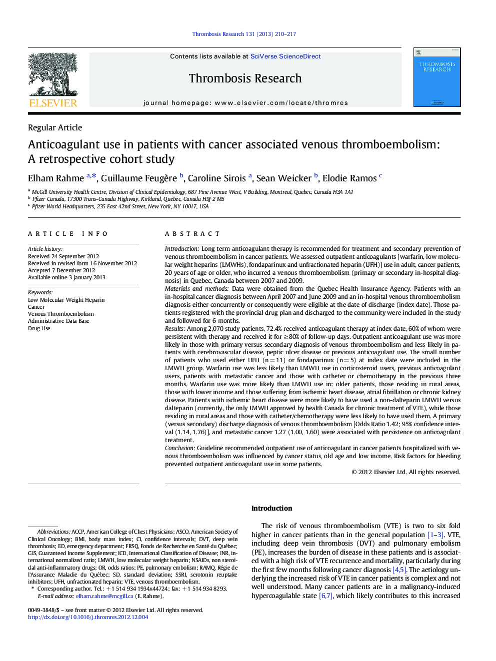 Anticoagulant use in patients with cancer associated venous thromboembolism: A retrospective cohort study