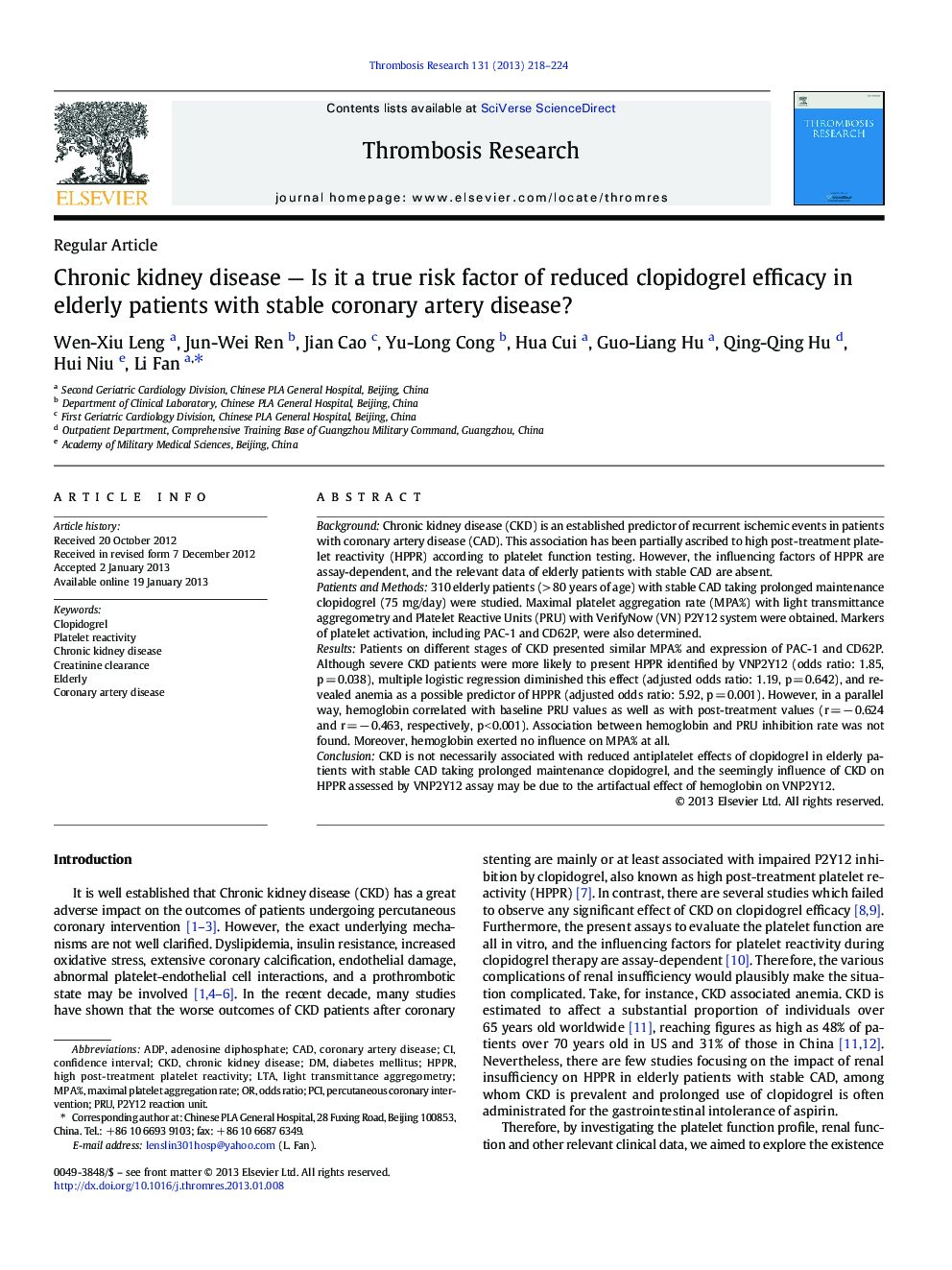 Regular ArticleChronic kidney disease - Is it a true risk factor of reduced clopidogrel efficacy in elderly patients with stable coronary artery disease?