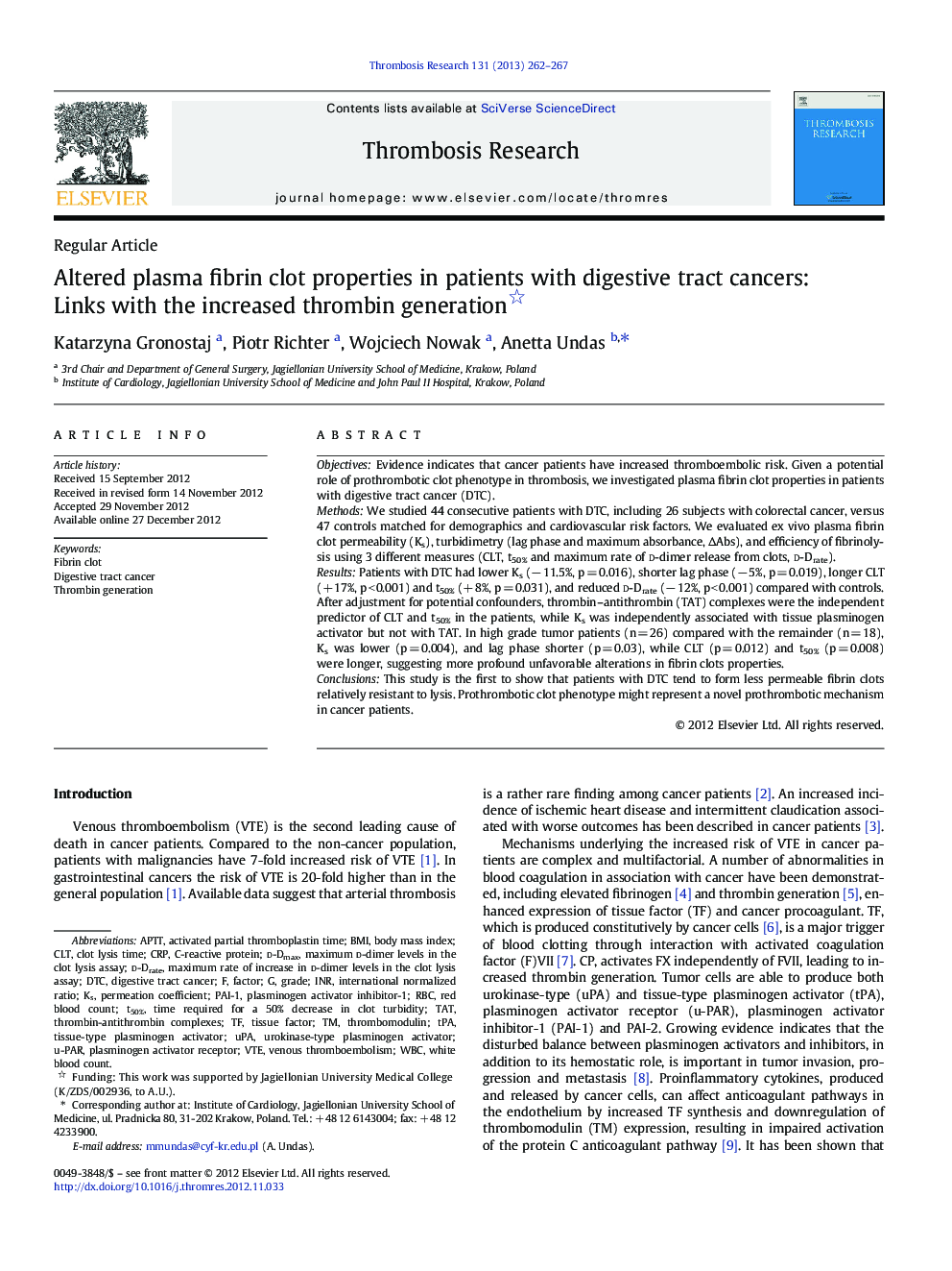 Altered plasma fibrin clot properties in patients with digestive tract cancers: Links with the increased thrombin generation