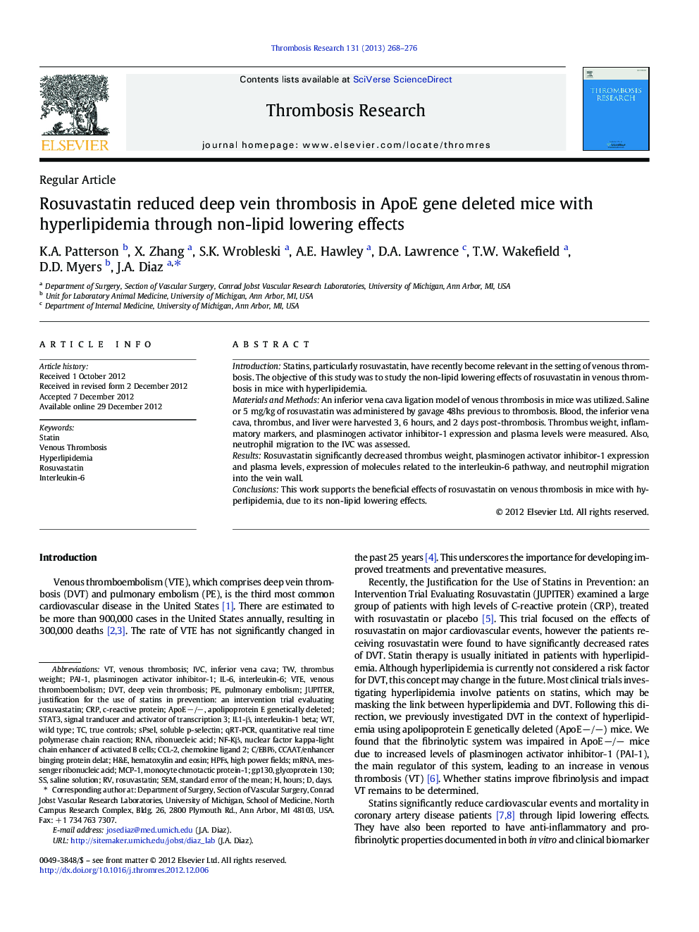 Rosuvastatin reduced deep vein thrombosis in ApoE gene deleted mice with hyperlipidemia through non-lipid lowering effects