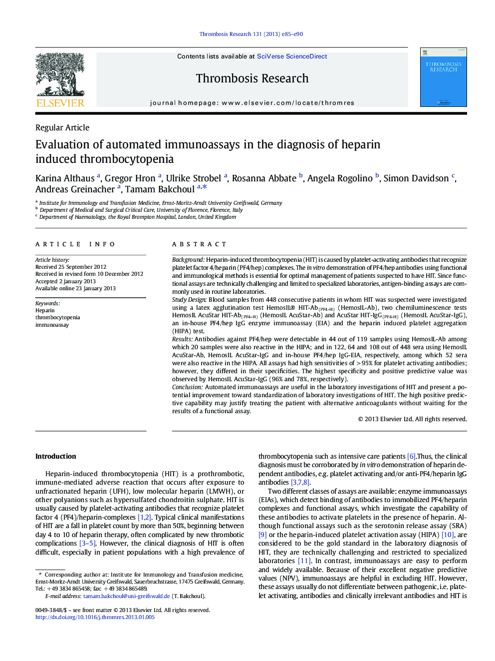 Evaluation of automated immunoassays in the diagnosis of heparin induced thrombocytopenia