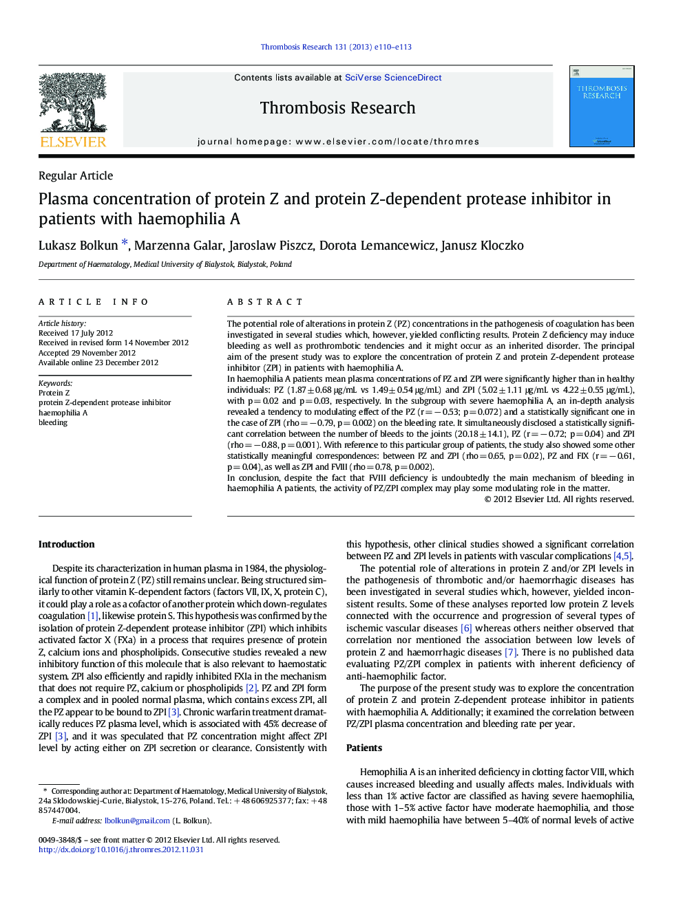 Regular ArticlePlasma concentration of protein Z and protein Z-dependent protease inhibitor in patients with haemophilia A