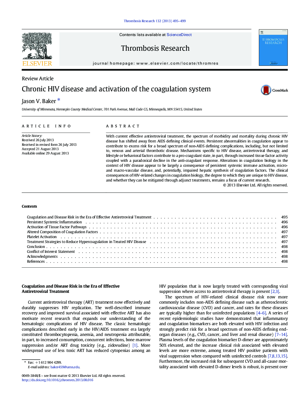 Chronic HIV disease and activation of the coagulation system