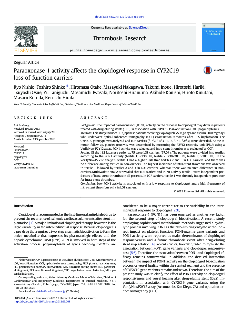 Paraoxonase-1 activity affects the clopidogrel response in CYP2C19 loss-of-function carriers