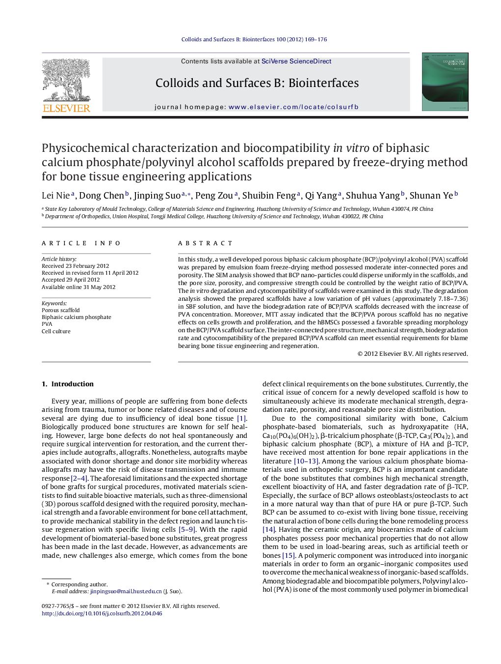 Physicochemical characterization and biocompatibility in vitro of biphasic calcium phosphate/polyvinyl alcohol scaffolds prepared by freeze-drying method for bone tissue engineering applications