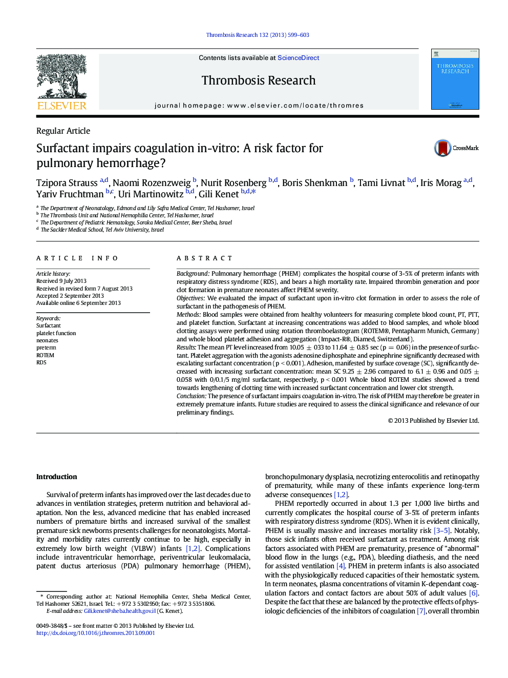 Surfactant impairs coagulation in-vitro: A risk factor for pulmonary hemorrhage?