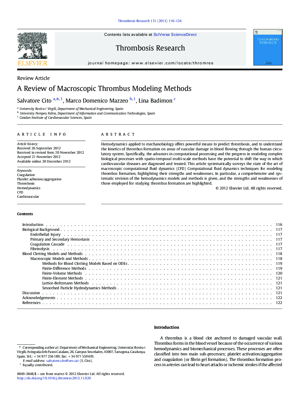 A Review of Macroscopic Thrombus Modeling Methods