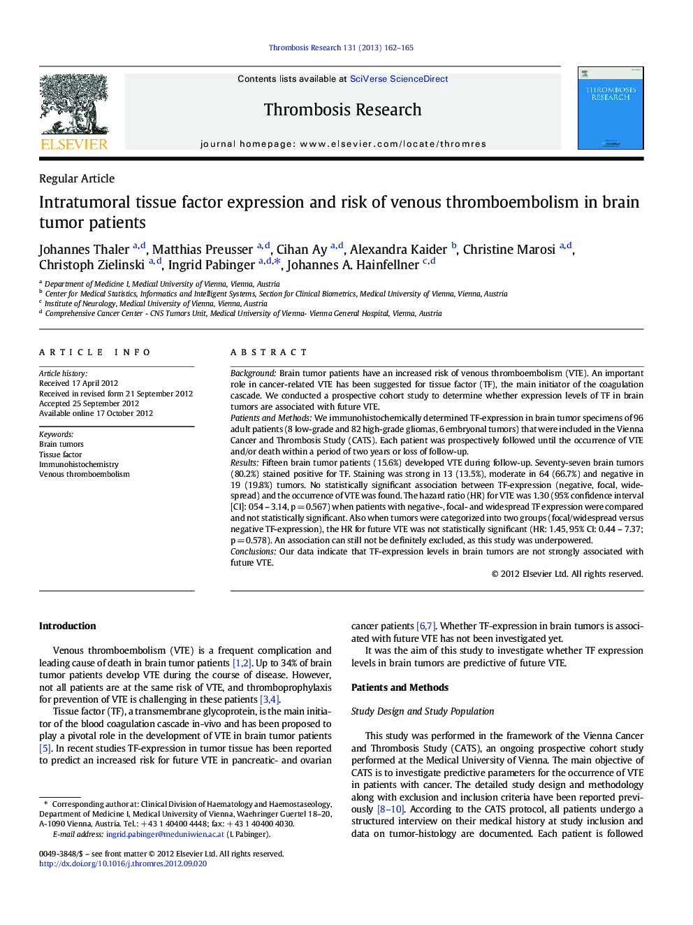 Intratumoral tissue factor expression and risk of venous thromboembolism in brain tumor patients