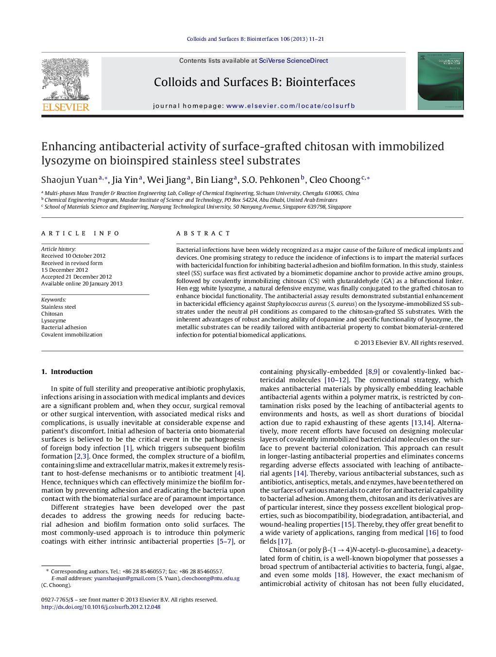 Enhancing antibacterial activity of surface-grafted chitosan with immobilized lysozyme on bioinspired stainless steel substrates