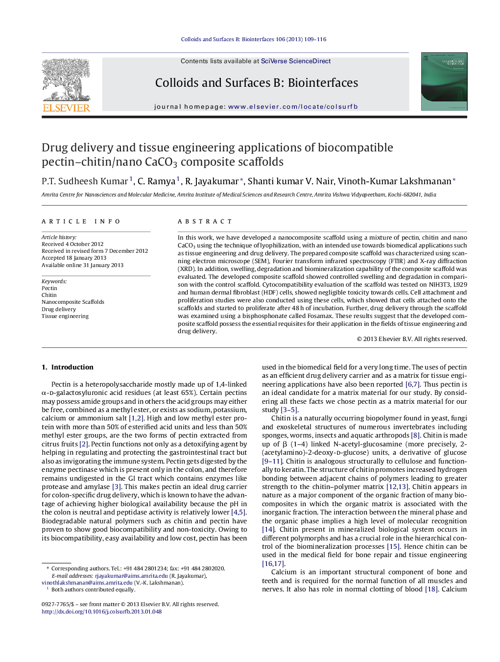 Drug delivery and tissue engineering applications of biocompatible pectin–chitin/nano CaCO3 composite scaffolds