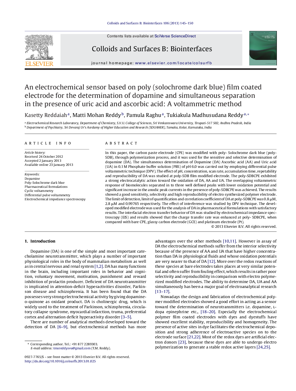 An electrochemical sensor based on poly (solochrome dark blue) film coated electrode for the determination of dopamine and simultaneous separation in the presence of uric acid and ascorbic acid: A voltammetric method