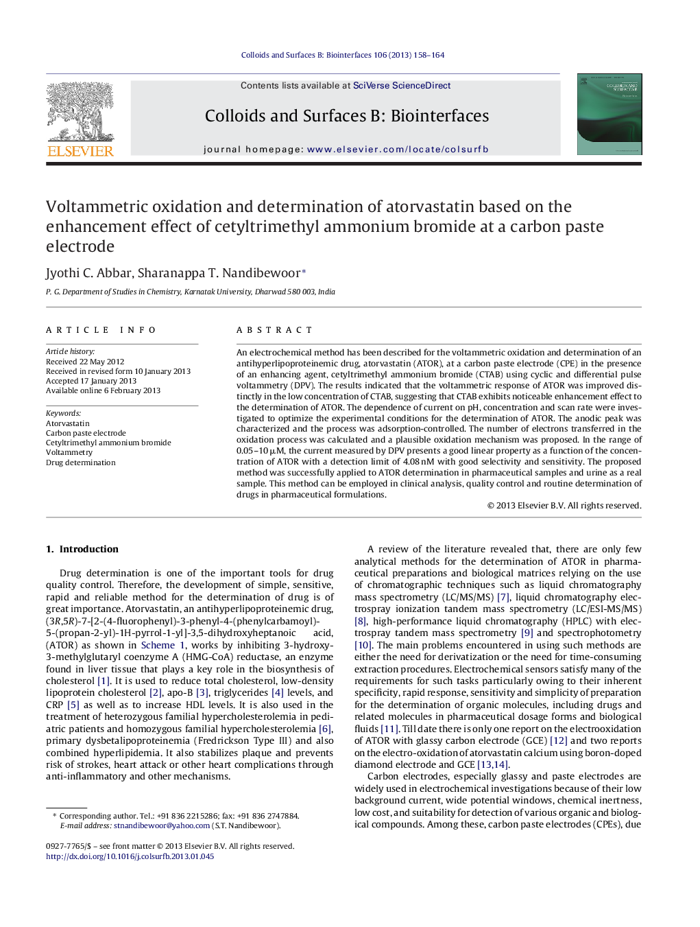 Voltammetric oxidation and determination of atorvastatin based on the enhancement effect of cetyltrimethyl ammonium bromide at a carbon paste electrode