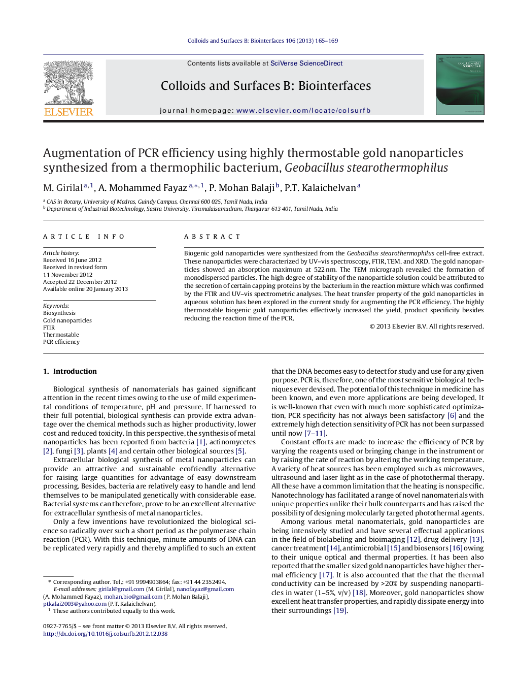 Augmentation of PCR efficiency using highly thermostable gold nanoparticles synthesized from a thermophilic bacterium, Geobacillus stearothermophilus