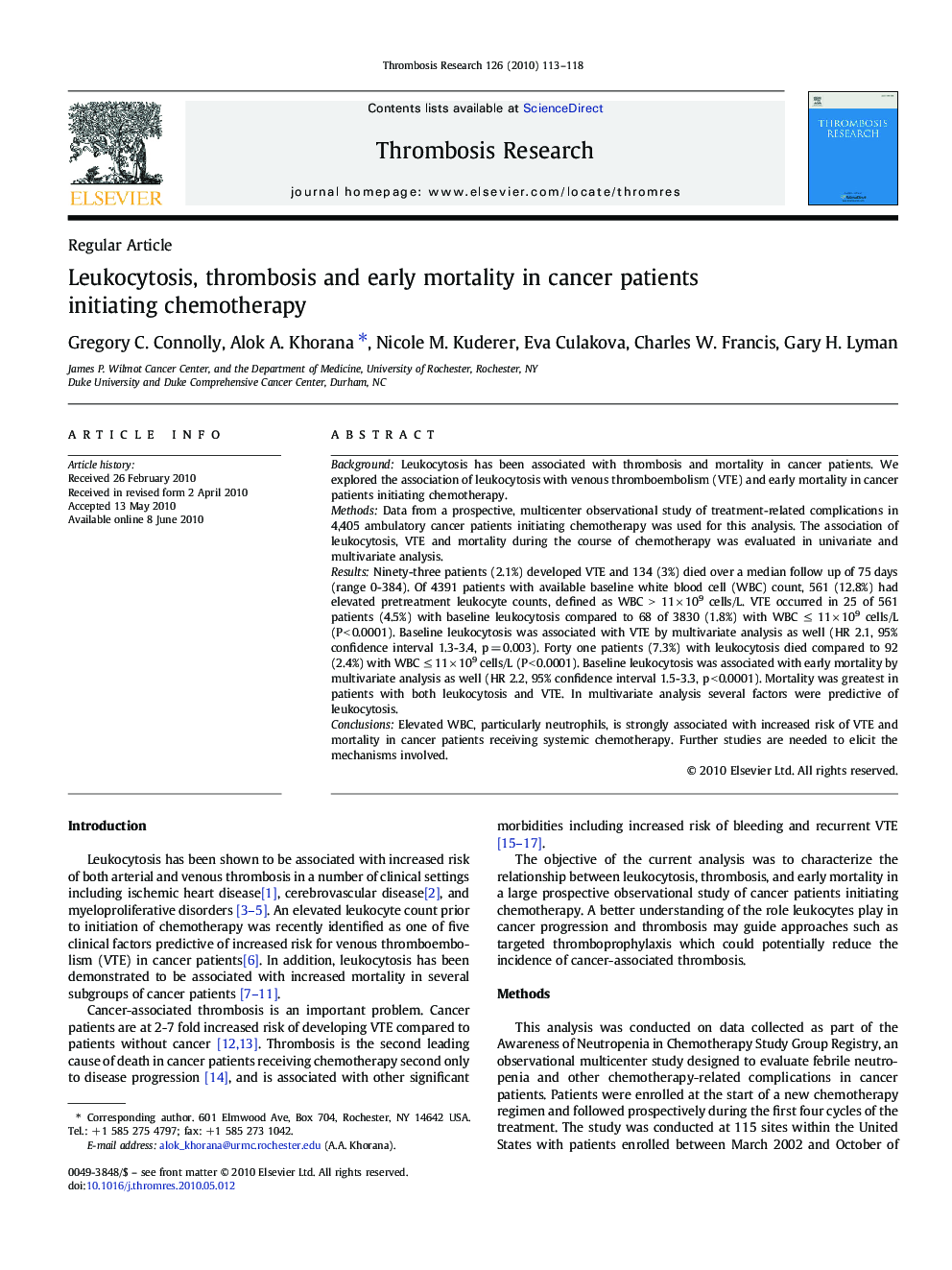 Leukocytosis, thrombosis and early mortality in cancer patients initiating chemotherapy