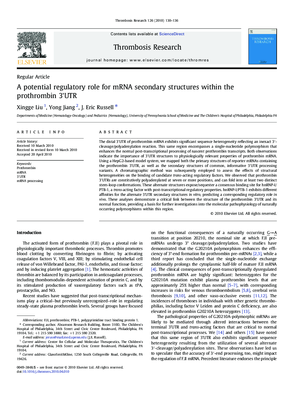 A potential regulatory role for mRNA secondary structures within the prothrombin 3'UTR