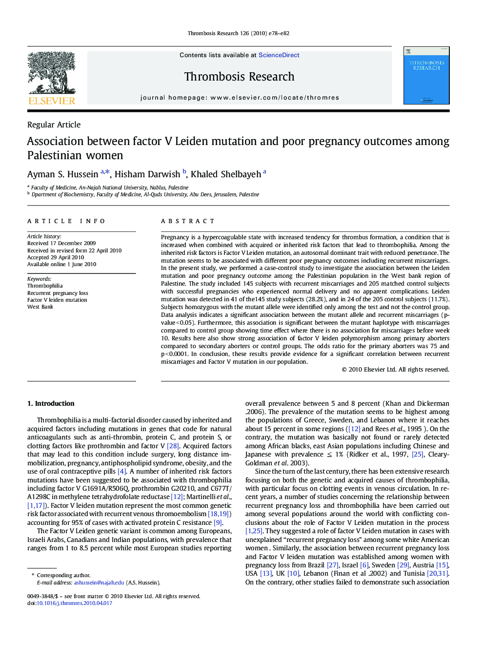 Association between factor V Leiden mutation and poor pregnancy outcomes among Palestinian women