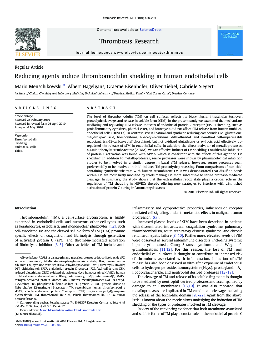 Reducing agents induce thrombomodulin shedding in human endothelial cells