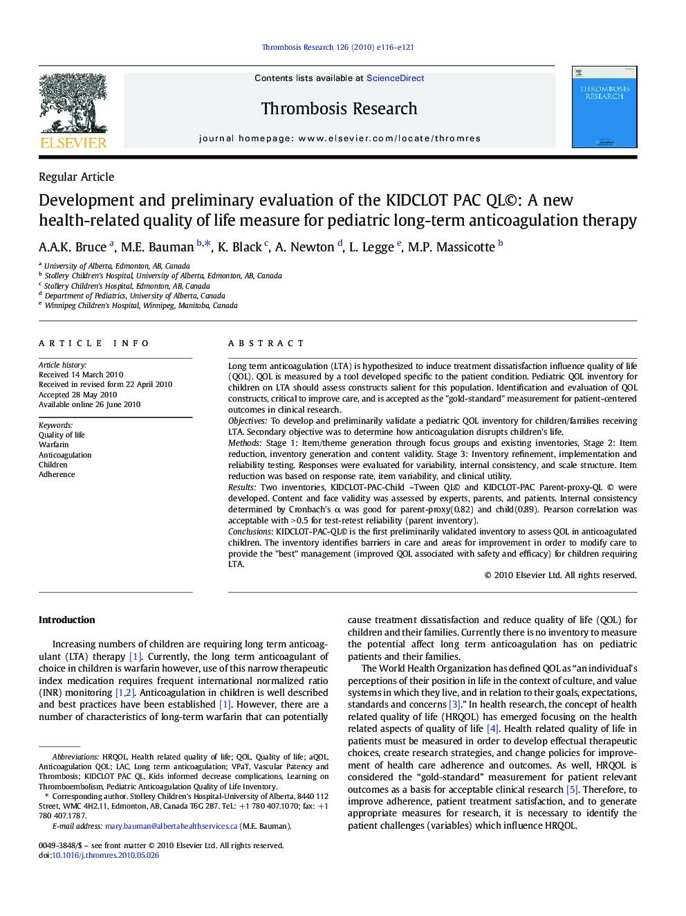 Development and preliminary evaluation of the KIDCLOT PAC QL©: A new health-related quality of life measure for pediatric long-term anticoagulation therapy