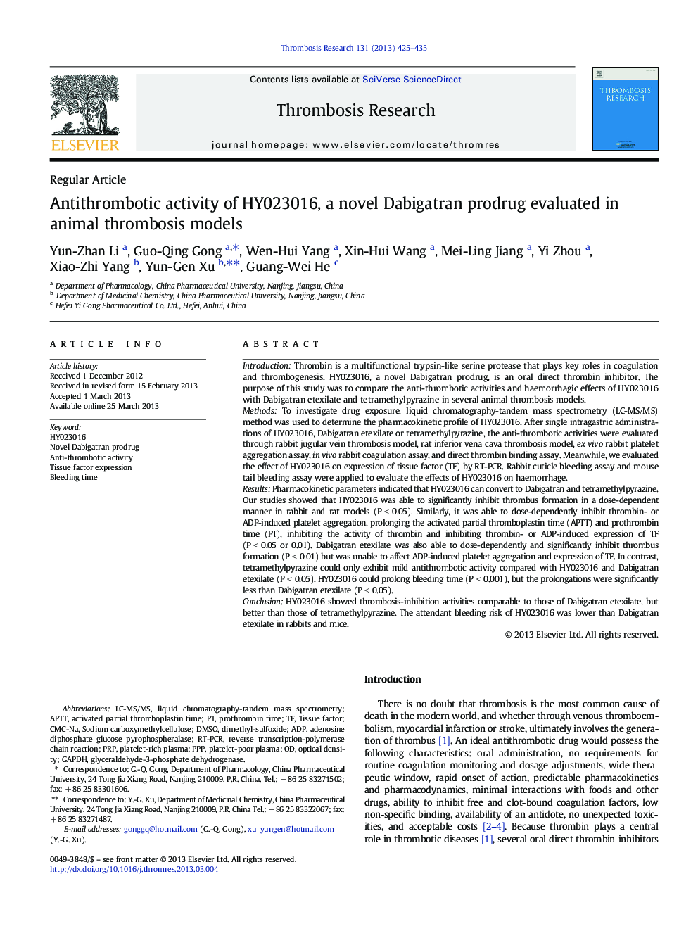 Antithrombotic activity of HY023016, a novel Dabigatran prodrug evaluated in animal thrombosis models