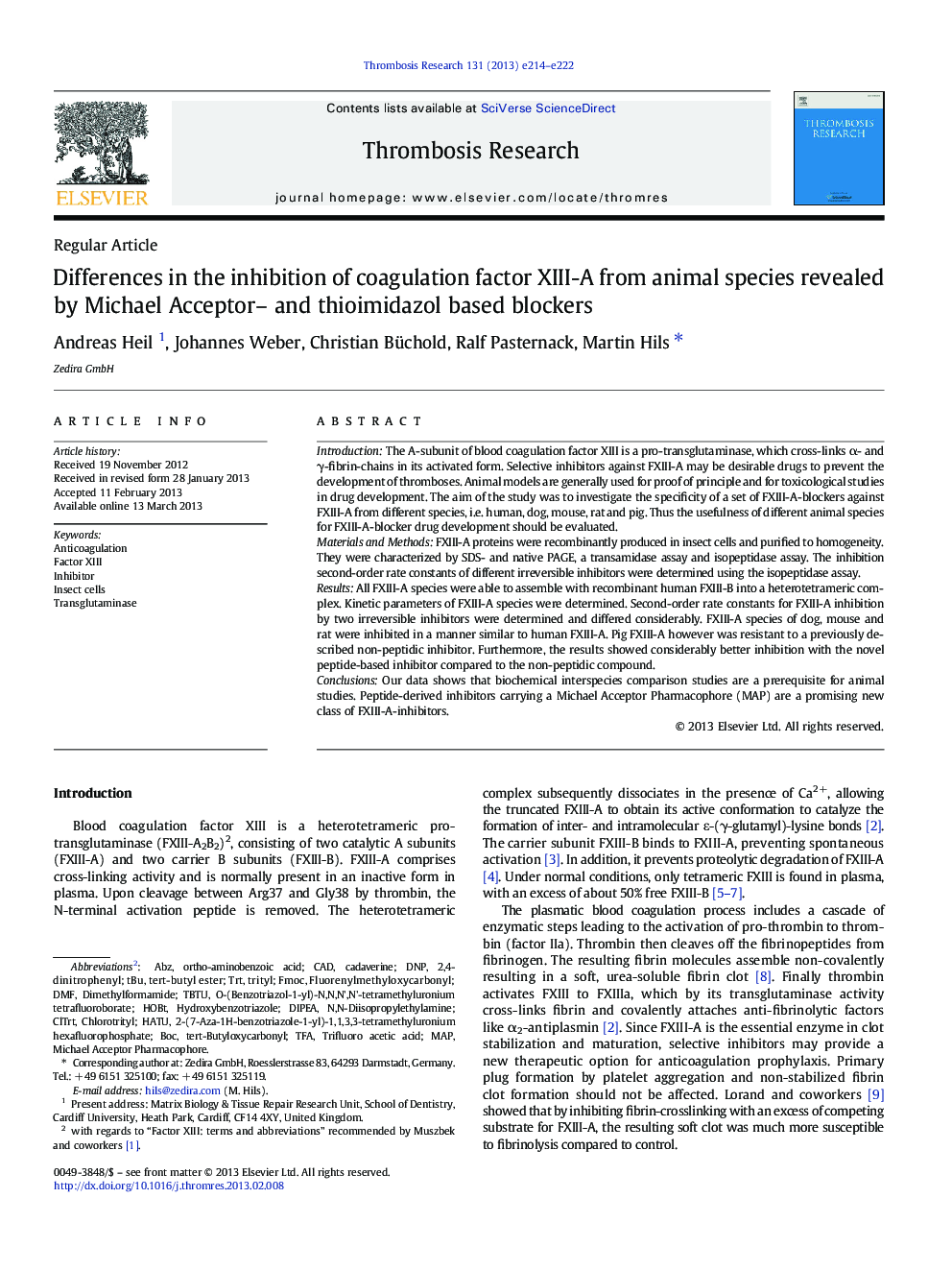 Differences in the inhibition of coagulation factor XIII-A from animal species revealed by Michael Acceptor- and thioimidazol based blockers