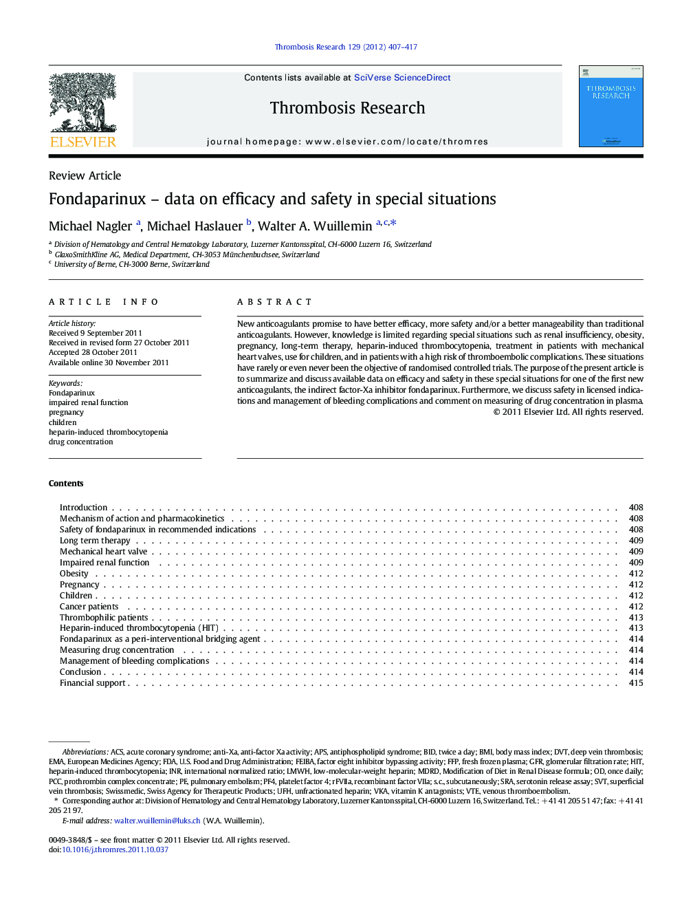 Fondaparinux - data on efficacy and safety in special situations