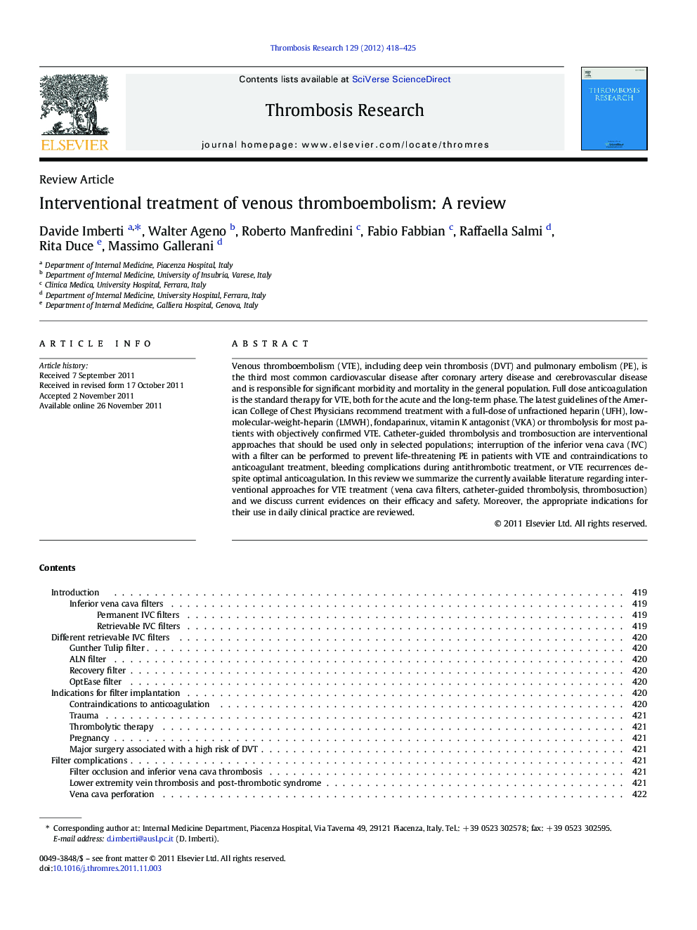 Interventional treatment of venous thromboembolism: A review