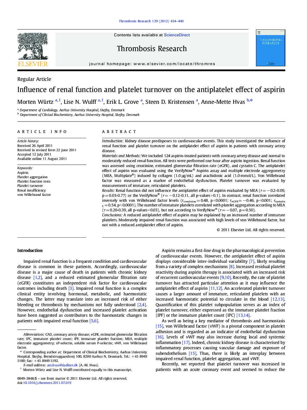 Regular ArticleInfluence of renal function and platelet turnover on the antiplatelet effect of aspirin