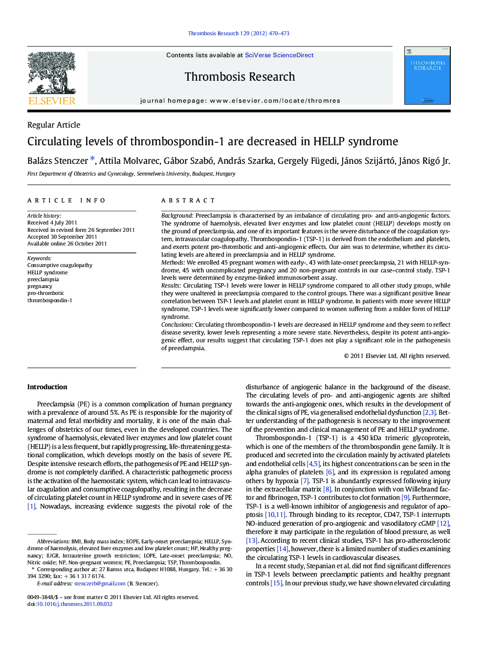 Circulating levels of thrombospondin-1 are decreased in HELLP syndrome