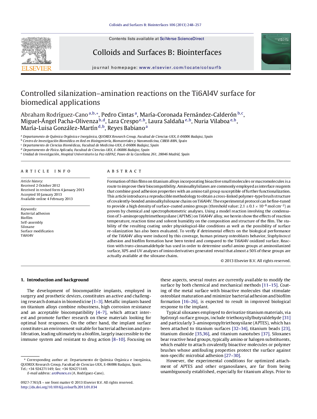 Controlled silanization–amination reactions on the Ti6Al4V surface for biomedical applications