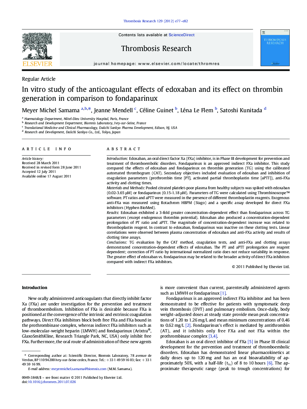 In vitro study of the anticoagulant effects of edoxaban and its effect on thrombin generation in comparison to fondaparinux