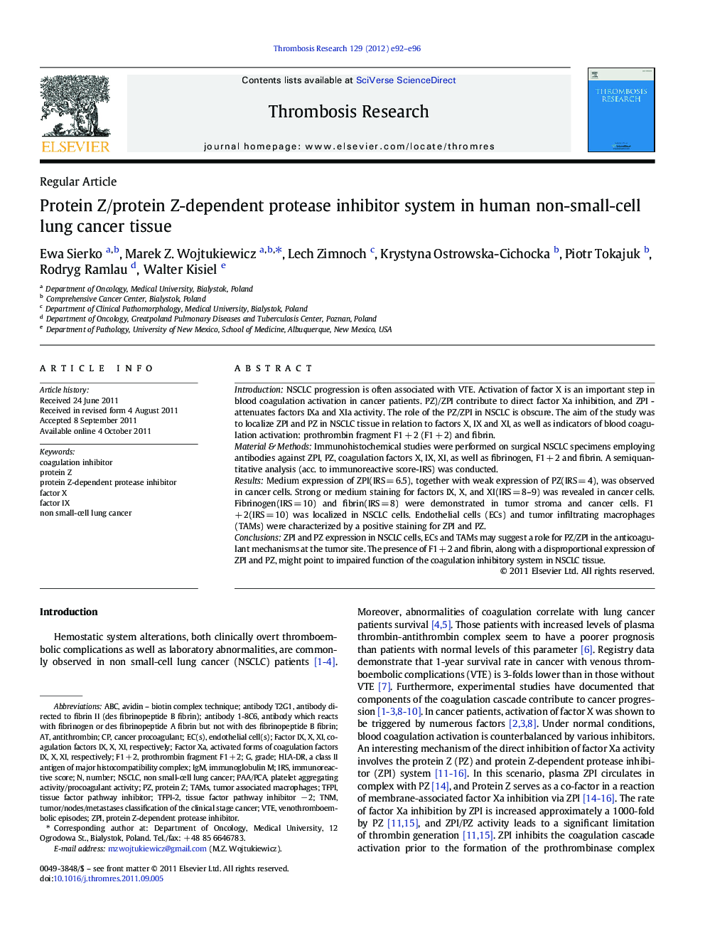 Protein Z/protein Z-dependent protease inhibitor system in human non-small-cell lung cancer tissue