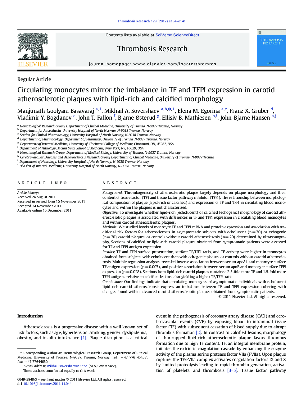 Circulating monocytes mirror the imbalance in TF and TFPI expression in carotid atherosclerotic plaques with lipid-rich and calcified morphology