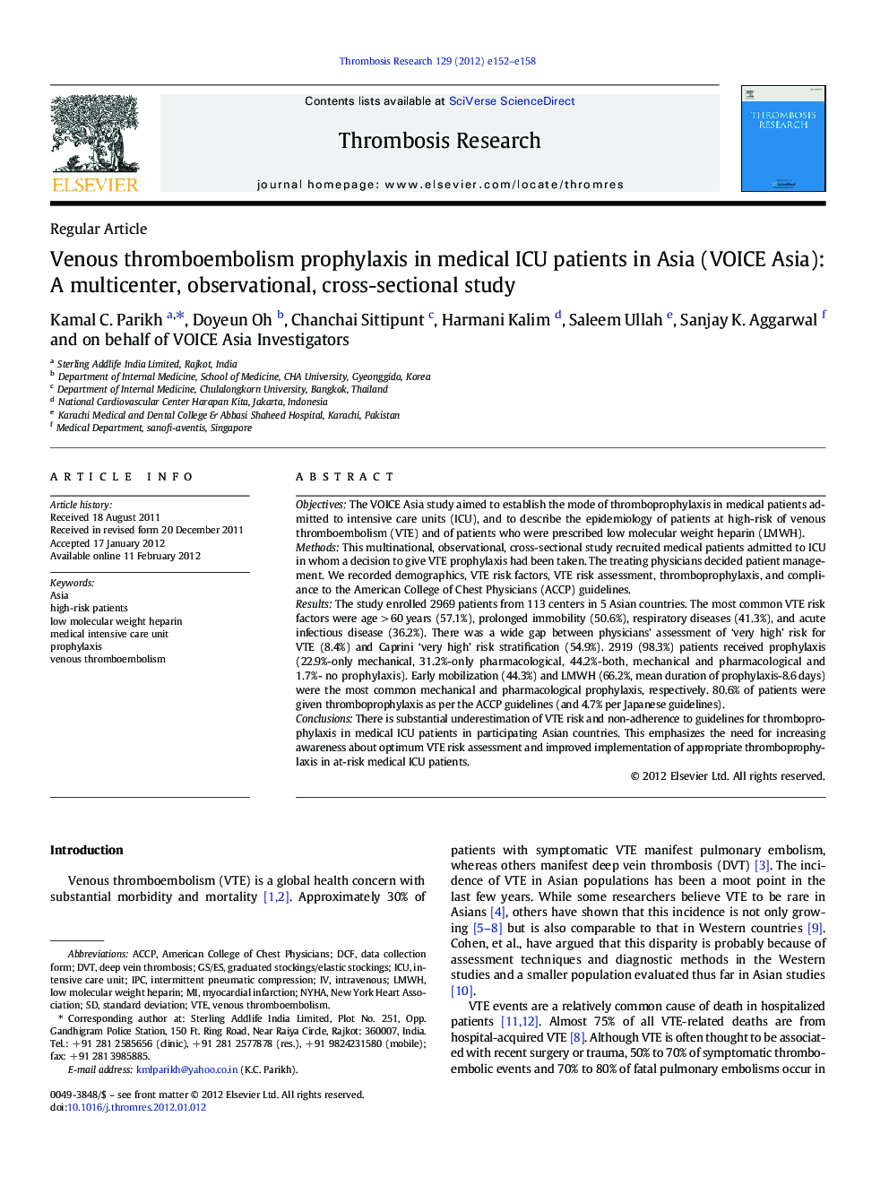 Venous thromboembolism prophylaxis in medical ICU patients in Asia (VOICE Asia): A multicenter, observational, cross-sectional study