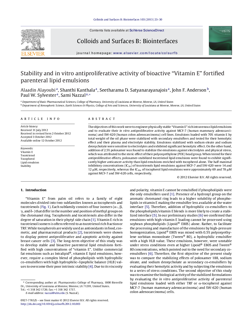 Stability and in vitro antiproliferative activity of bioactive “Vitamin E” fortified parenteral lipid emulsions