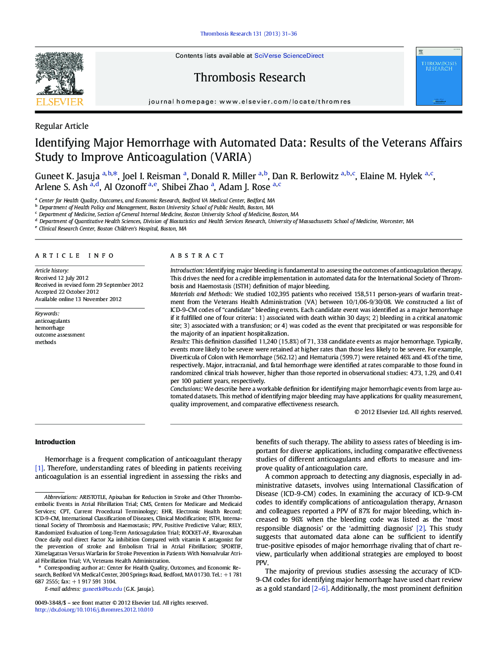 عکس صفحه اول مقاله: Identifying Major Hemorrhage with Automated Data: Results of the Veterans Affairs Study to Improve Anticoagulation (VARIA) Identifying Major Hemorrhage with Automated Data: Results of the Veterans Affairs Study to Improve Anticoagulation (VARIA)