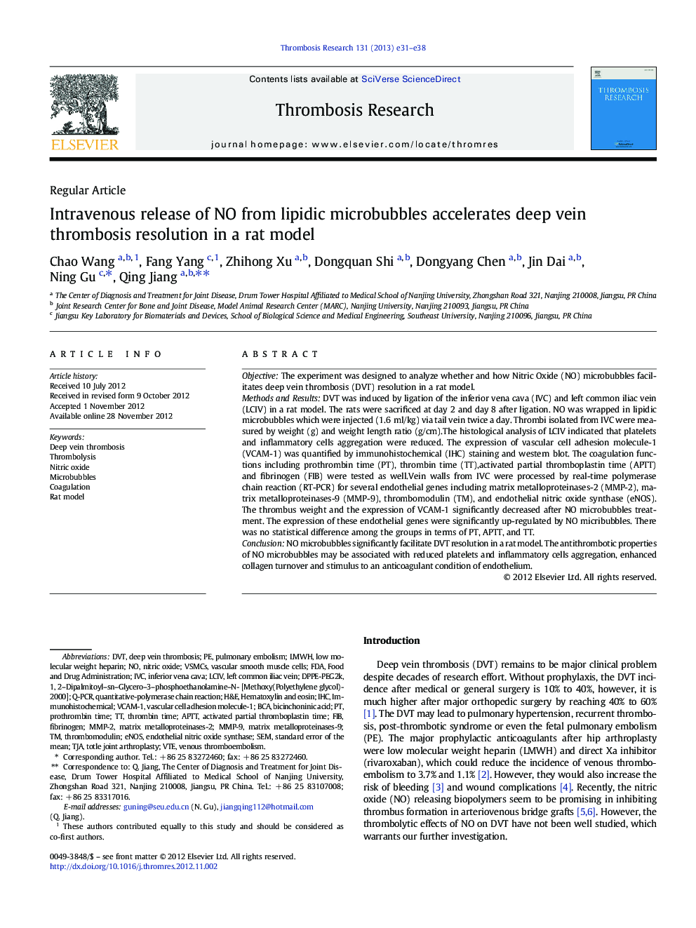 Intravenous release of NO from lipidic microbubbles accelerates deep vein thrombosis resolution in a rat model