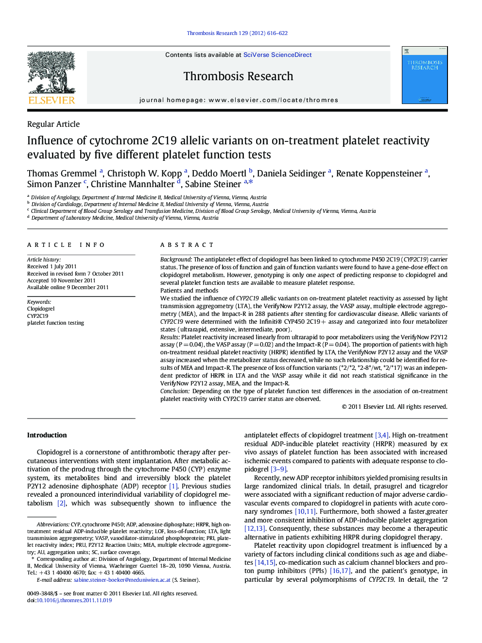 Influence of cytochrome 2C19 allelic variants on on-treatment platelet reactivity evaluated by five different platelet function tests