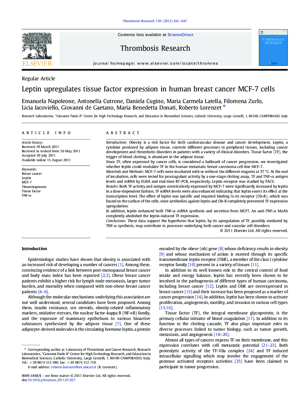 Leptin upregulates tissue factor expression in human breast cancer MCF-7 cells