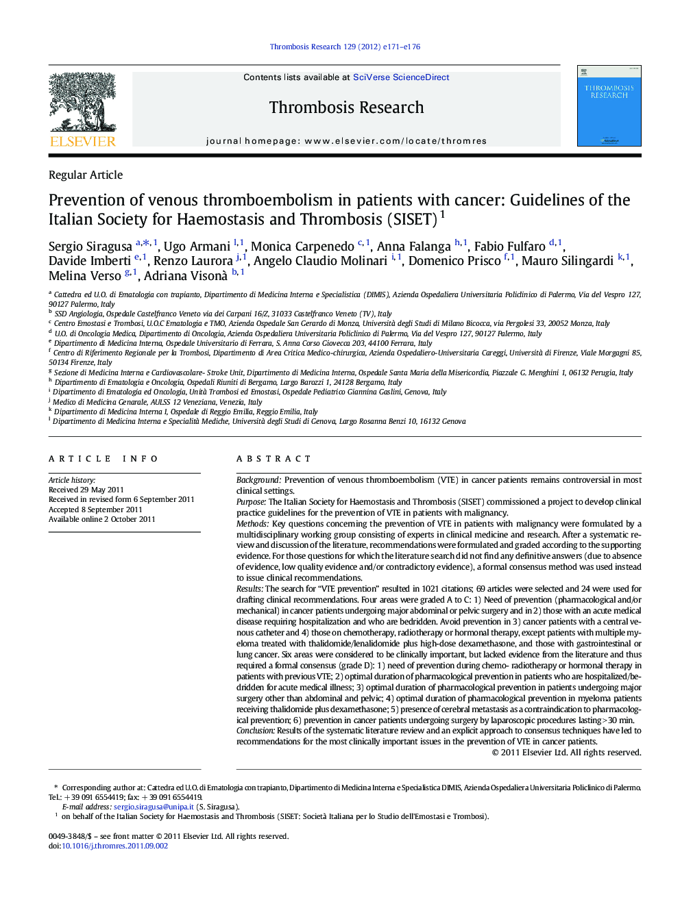 Prevention of venous thromboembolism in patients with cancer: Guidelines of the Italian Society for Haemostasis and Thrombosis (SISET)1
