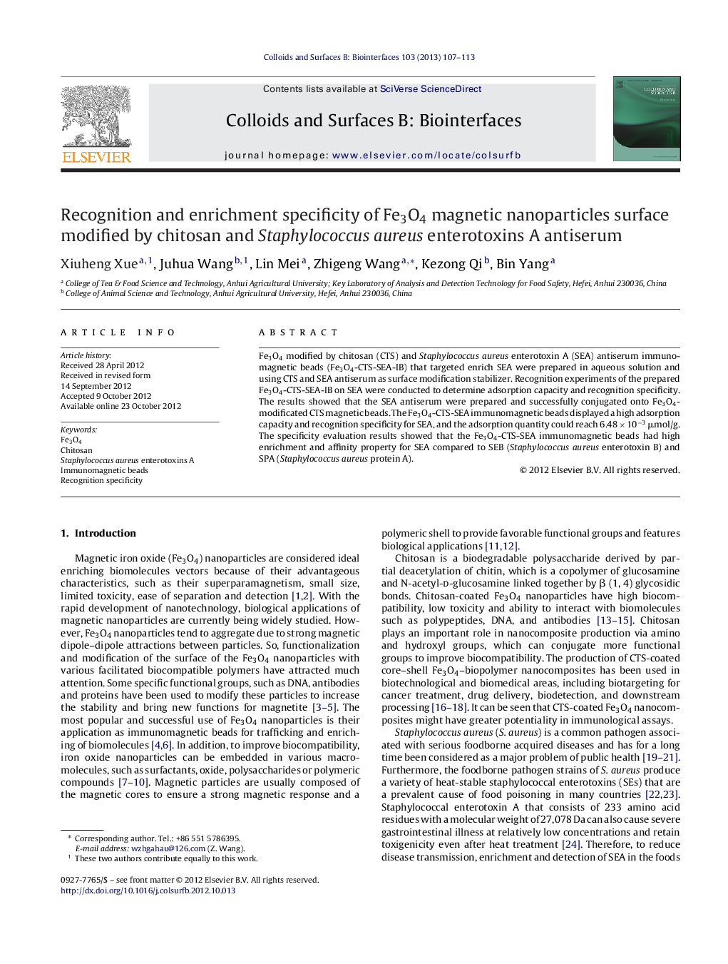 عکس صفحه اول مقاله: Recognition and enrichment specificity of Fe3O4 magnetic nanoparticles surface modified by chitosan and Staphylococcus aureus enterotoxins A antiserum Recognition and enrichment specificity of Fe3O4 magnetic nanoparticles surface modified by chitosan and Staphylococcus aureus enterotoxins A antiserum