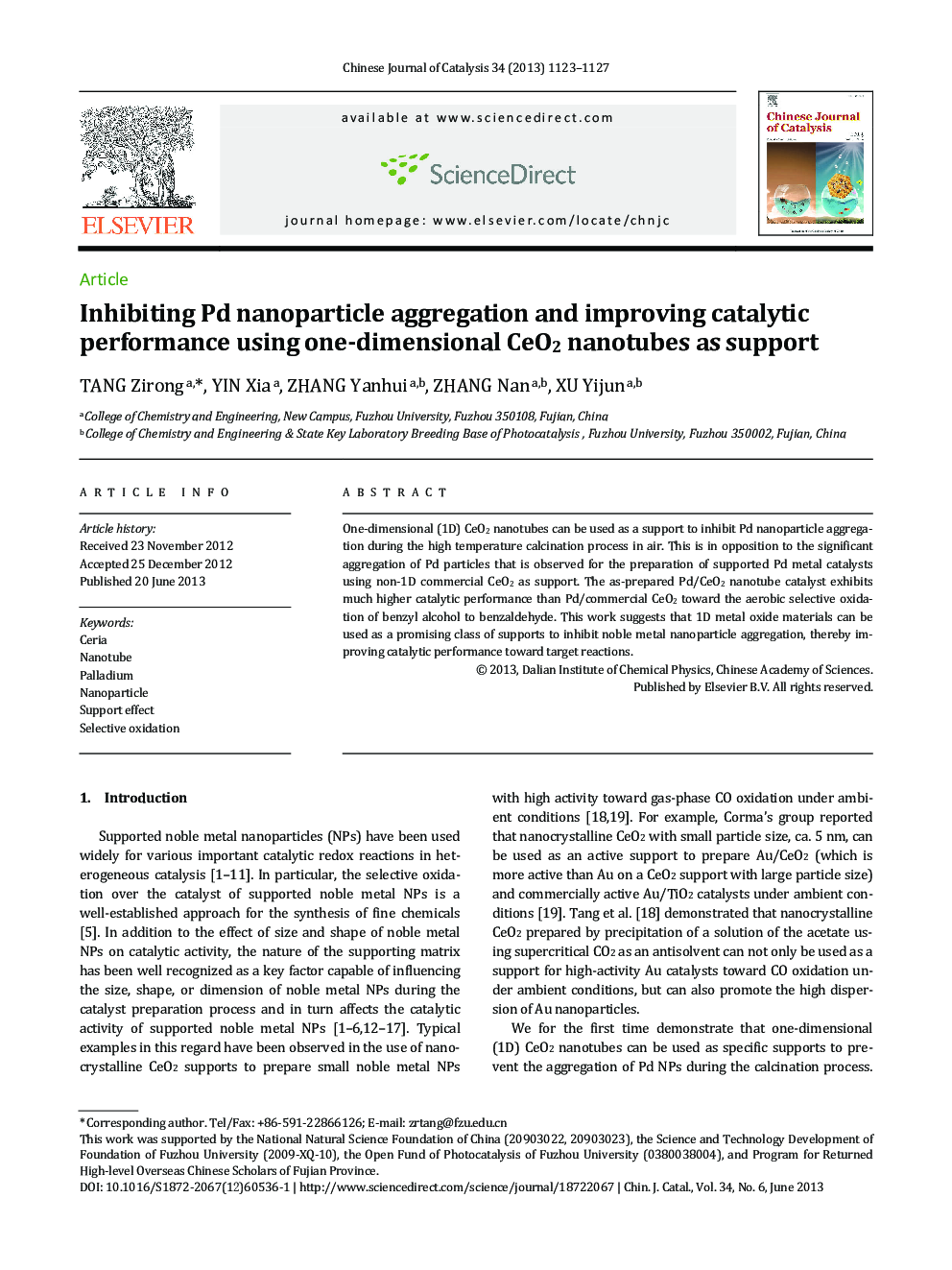 Inhibiting Pd nanoparticle aggregation and improving catalytic performance using one-dimensional CeO2 nanotubes as support 