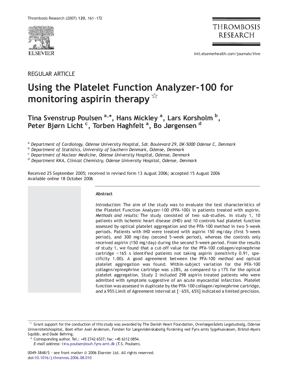 Using the Platelet Function Analyzer-100 for monitoring aspirin therapy