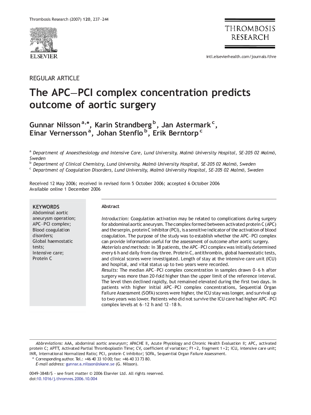 The APC-PCI complex concentration predicts outcome of aortic surgery