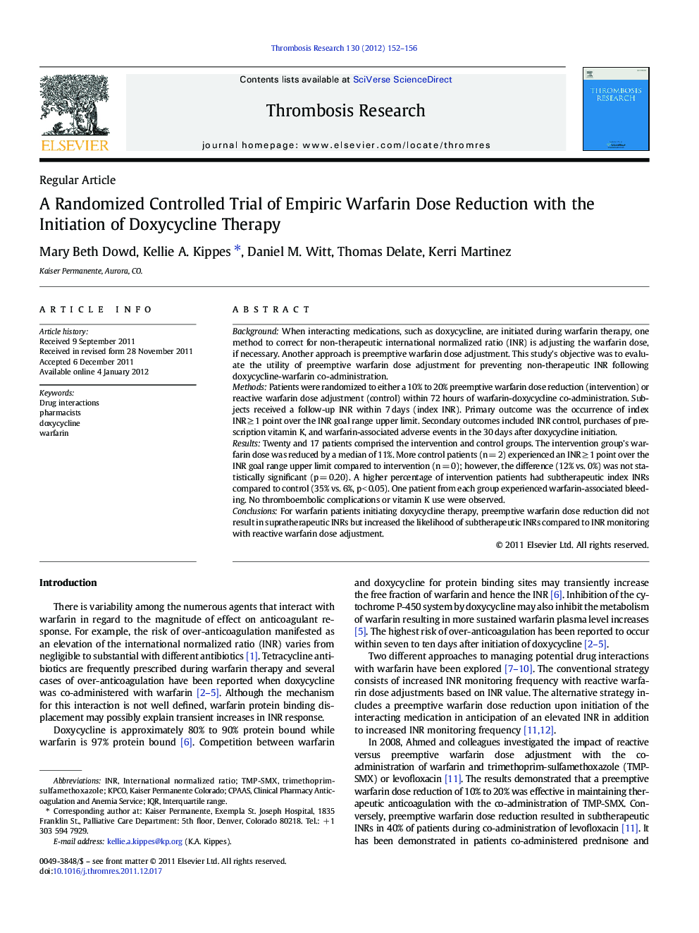 A Randomized Controlled Trial of Empiric Warfarin Dose Reduction with the Initiation of Doxycycline Therapy