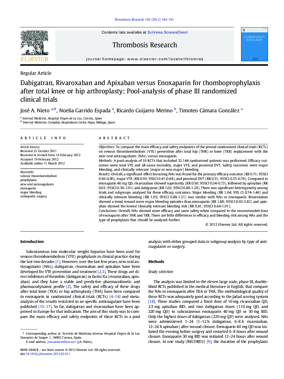 Dabigatran, Rivaroxaban and Apixaban versus Enoxaparin for thomboprophylaxis after total knee or hip arthroplasty: Pool-analysis of phase III randomized clinical trials